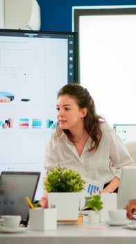 Furious woman manager arguing employees for bad work result, sitting conference room, diverse colleagues looking scared. Businesswoman raging about multitasking difficult job, screaming in boardroom photo