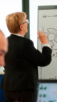 Mature businesswoman writing on white board, presenting sales evolution answering question interacting with audience at corporate workshop, business coach and worker talking during conference training photo