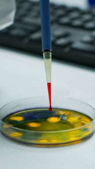 Close up of scientist using micropipette for analysing blood sample putting in petri dish. Team of researchers examining virus evolution using high tech for vaccine development against covid19 photo