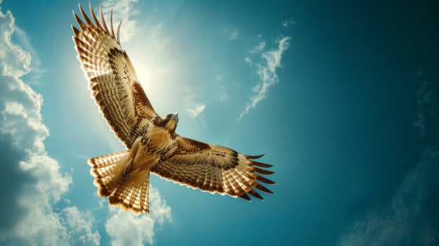 Hawk Soaring in Sunlit Sky with Clouds photo