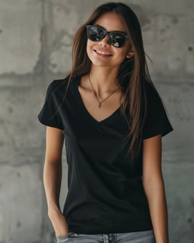 A woman in a black V-neck t-shirt smiles confidently photo