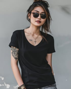 A female model wearing a black v-neck t-shirt and sunglasses, showcasing a simple yet stylish everyday look photo
