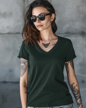 A woman wearing a green V-neck t-shirt stands against a concrete wall photo