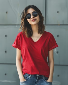 A young woman wearing a red V-neck t-shirt and sunglasses stands confidently against a grey background photo