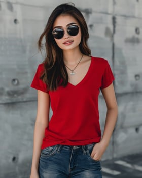 A woman wearing a red v-neck t-shirt and sunglasses poses against a concrete wall photo