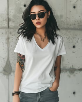 A woman in a white v-neck t-shirt and sunglasses poses confidently against a concrete backdrop photo