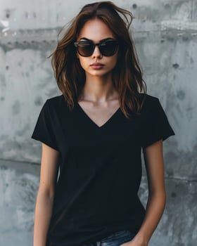 A woman in a black v-neck t-shirt poses against a concrete wall photo