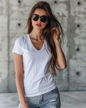 A beautiful woman poses in a white v-neck t-shirt photo