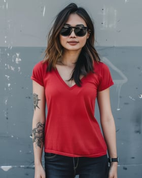 A young woman wearing a red V-neck t-shirt against a grey background photo
