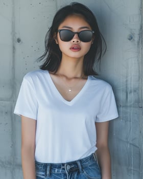 A young Asian woman with dark hair wears a plain white v-neck T-shirt and sunglasses while standing against a gray concrete wall photo