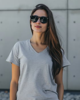 A Latin woman wears a blank gray V-neck t-shirt photo