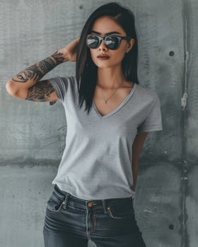 A woman wearing a gray V-neck t-shirt and sunglasses poses confidently against a concrete wall photo