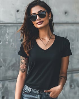 A woman wearing a black v-neck t-shirt poses against a concrete wall photo