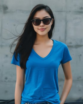 A young woman wearing a blue V-neck t-shirt and sunglasses stands in front of a gray concrete wall photo