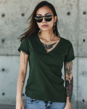 A woman wearing a green v-neck t-shirt stands against a concrete wall photo
