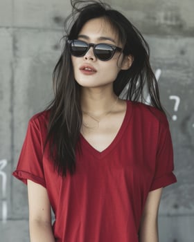 A woman wearing a red v-neck t-shirt and sunglasses photo