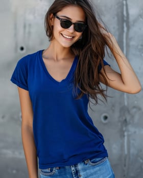 Asian woman wearing a blue V-neck T-shirt photo