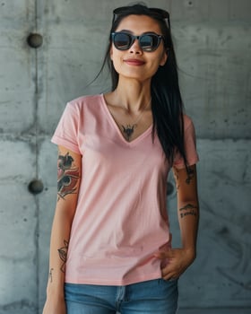 An Asian female model in a pink V-neck t-shirt with sunglasses photo