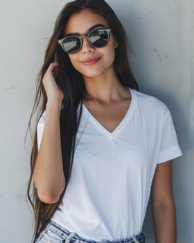 A woman wearing a blank white V-neck t-shirt and sunglasses against a bright white wall photo