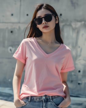 A young woman wearing a pink v-neck t-shirt with her hands in her pockets, standing against a concrete wall photo