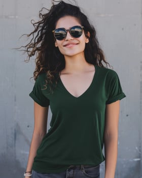 A woman with curly hair wears a green v-neck t-shirt photo