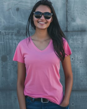A woman wearing a pink v-neck t-shirt stands confidently against a concrete wall photo