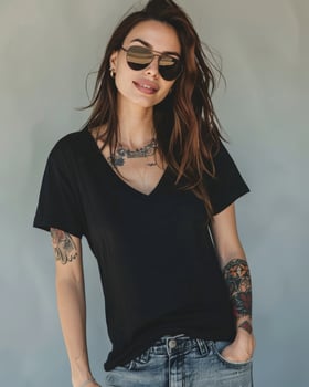 A woman wearing a black V-neck t-shirt stands in a studio, hands in pockets, looking confidently toward the camera photo