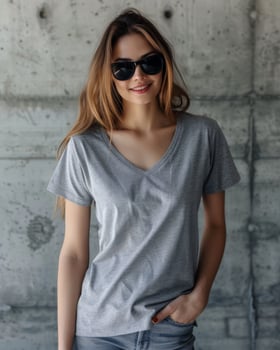 A woman wearing a gray v-neck t-shirt and sunglasses stands against a concrete wall photo