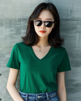 A woman wearing a green V-neck t-shirt stands against a gray concrete wall photo