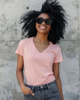 A woman wearing a pink V-neck t-shirt smiles for the camera photo
