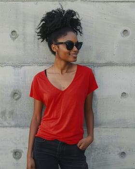 A young woman in a red V-neck t-shirt stands against a concrete wall, her hand in her pocket photo
