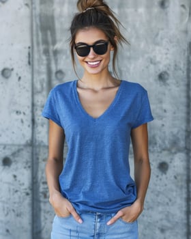 A woman wearing a blue v-neck t-shirt stands casually with hands in pockets photo