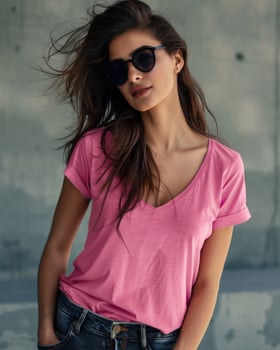 A woman poses in a casual pink V-neck T-shirt, her hair flowing in the wind photo