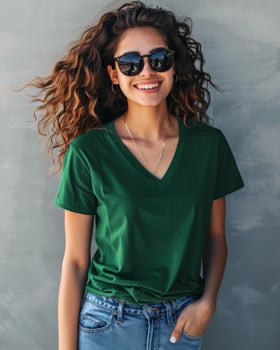A woman in a green V-neck t-shirt and sunglasses smiles for the camera photo