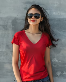 A young Indian woman in a red v-neck t-shirt smiles confidently while leaning against a concrete wall photo