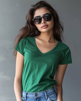 A young woman wearing a green V-neck t-shirt and sunglasses poses against a gray backdrop photo