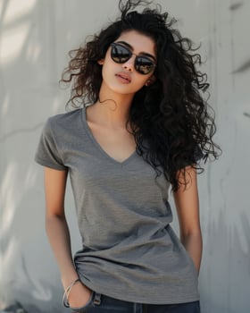 A young woman with curly hair wearing a gray V-neck T-shirt photo
