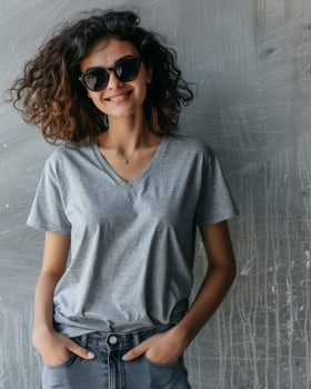 A woman wearing a gray v-neck t-shirt smiles confidently photo