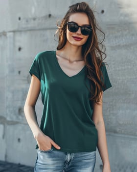 A beautiful model poses while wearing a green V-neck t-shirt and denim jeans photo