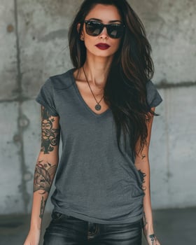 A woman wearing a gray v-neck t-shirt photo