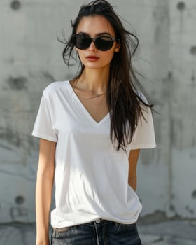 A young woman wearing a white v-neck t-shirt and sunglasses photo
