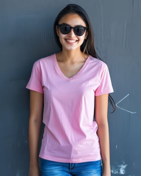 A woman wearing a pink V-neck t-shirt and sunglasses smiles while standing in front of a gray wall photo