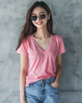 A female model wearing a pink v-neck t-shirt poses against a concrete wall photo