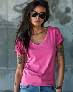 A stylish woman with dark hair, sunglasses, and tattoos poses in a pink V-neck t-shirt photo
