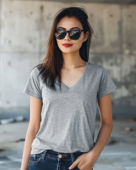 A young Asian woman wearing a blank grey V-neck t-shirt and sunglasses photo