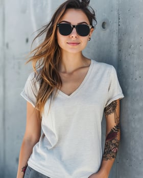 A young woman wearing a white v-neck t-shirt and sunglasses stands casually against a concrete wall photo