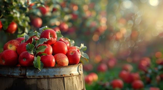 Freshly Picked Red Apples In A Wooden Barrel During Harvest Season photo