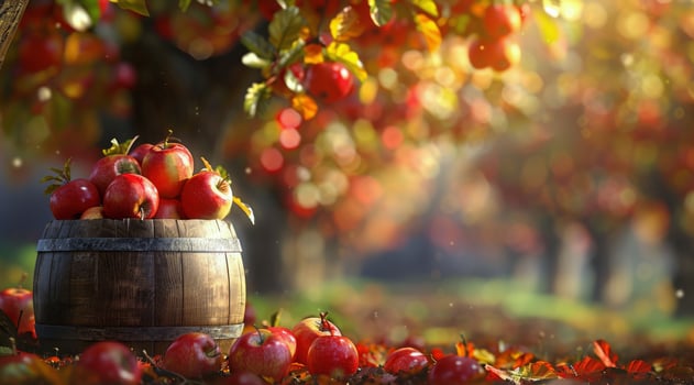 A Wooden Barrel Filled With Freshly Picked Apples in an Orchard on a Sunny Autumn Day photo