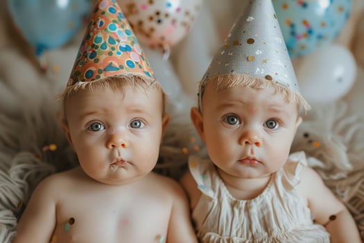 Twin Babies in Party Hats Look at Camera photo