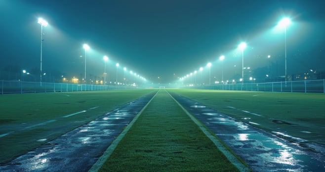 Empty Football Field Under Night Lights photo